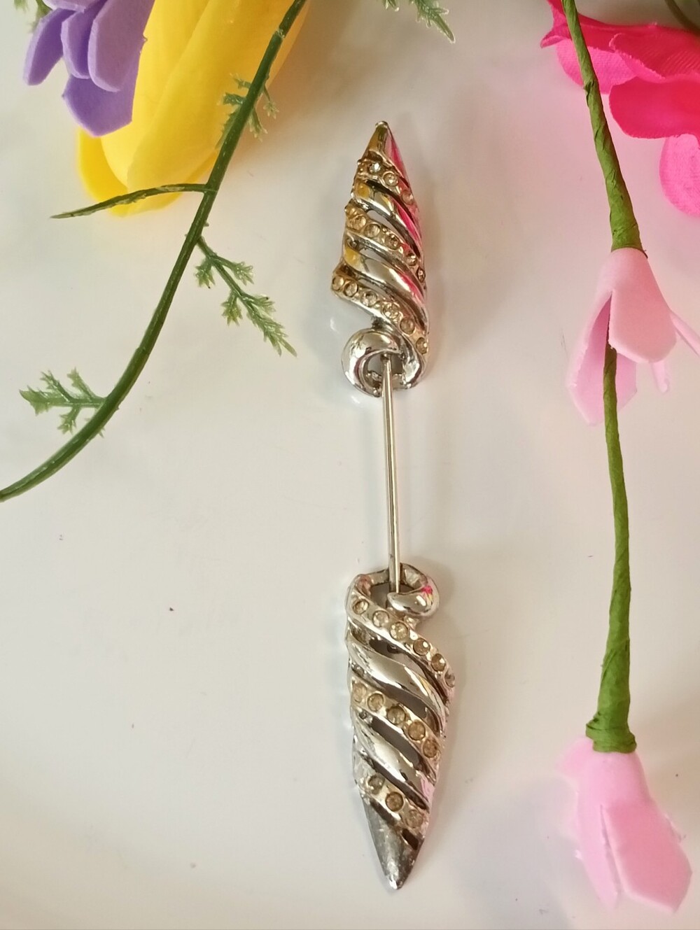 Vintage Silver Rhinestone Swirl Cone Long Pin (4" L)